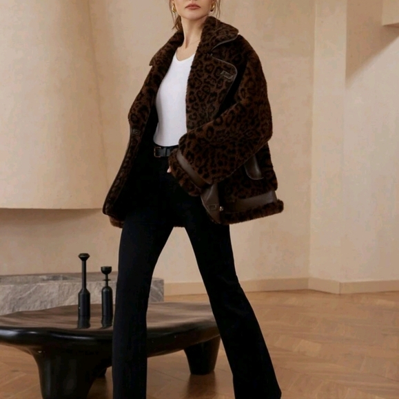 Modichic Collared Retro Random Leopard Fluffy Leather Patchwork Loose Fit Jacket - Picture 6 of 6